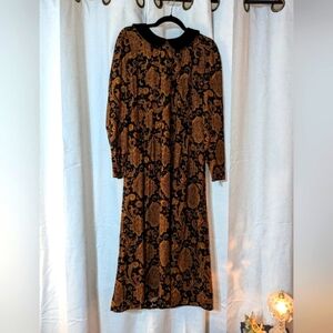 Vintage Paisley Black earthy Velvet Peter Pan Collar Dress Tie Waist Whimsigoth